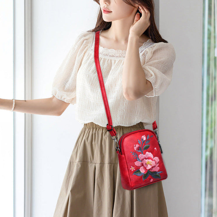 レトロフラワー刺繍入りレザーポーチ スマホショルダー 斜めがけ ミニバッグ レディース 蓮 睡蓮