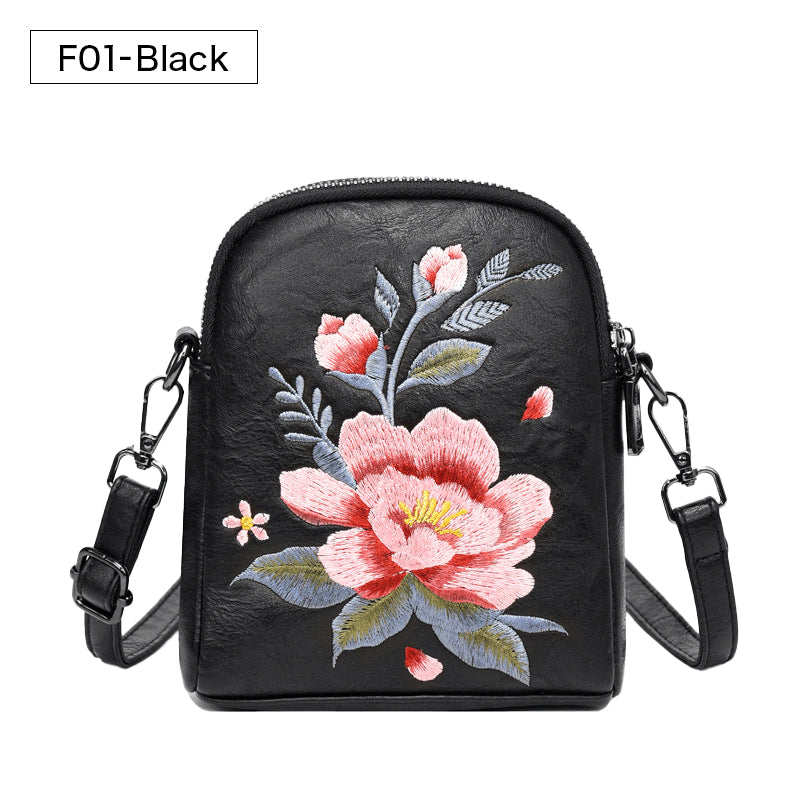 レトロフラワー刺繍入りレザーポーチ スマホショルダー 斜めがけ ミニバッグ レディース 蓮 睡蓮