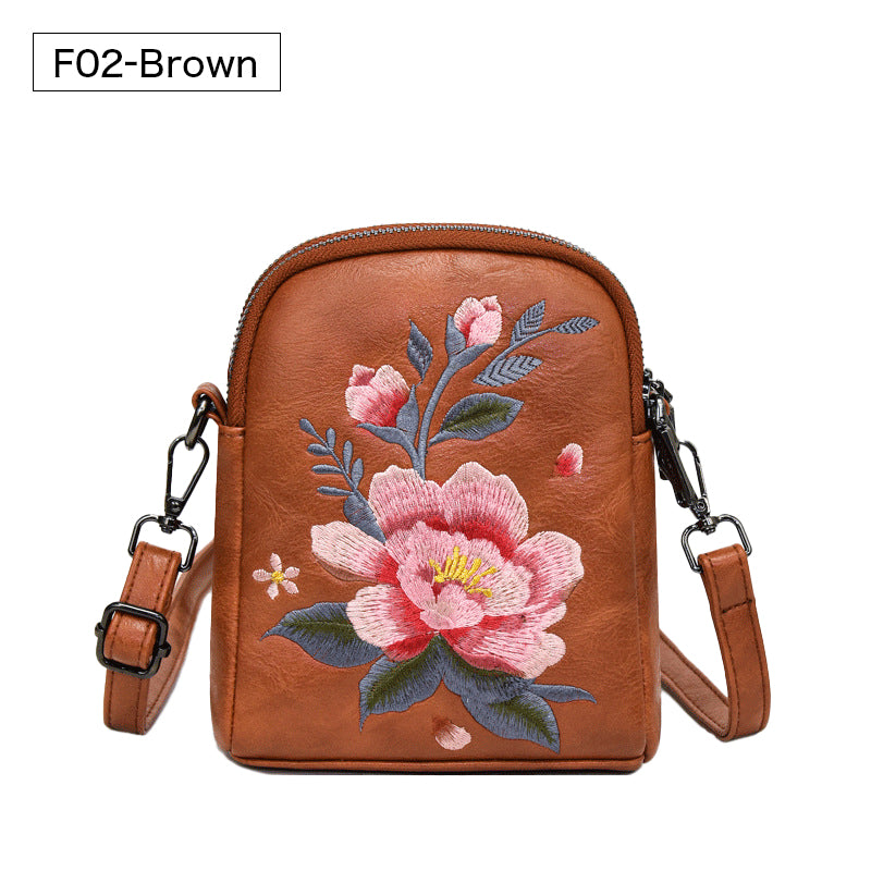 レトロフラワー刺繍入りレザーポーチ スマホショルダー 斜めがけ ミニバッグ レディース 蓮 睡蓮