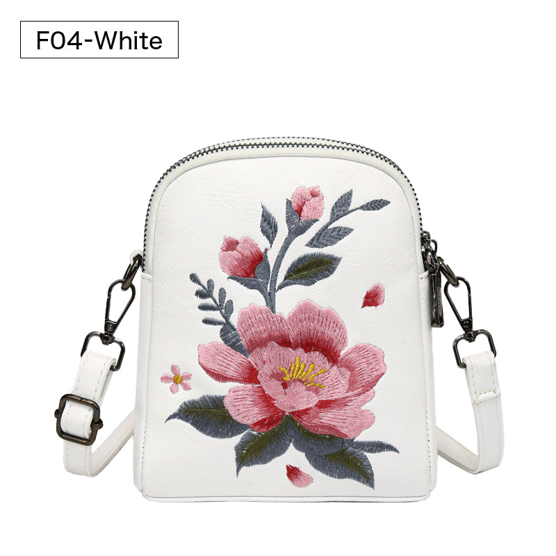 レトロフラワー刺繍入りレザーポーチ スマホショルダー 斜めがけ ミニバッグ レディース 蓮 睡蓮