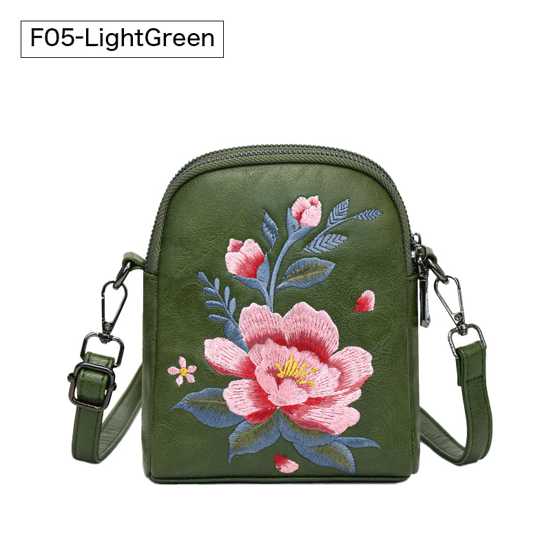 レトロフラワー刺繍入りレザーポーチ スマホショルダー 斜めがけ ミニバッグ レディース 蓮 睡蓮