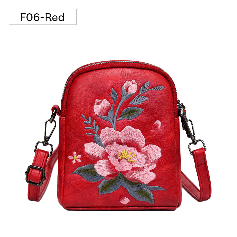 レトロフラワー刺繍入りレザーポーチ スマホショルダー 斜めがけ ミニバッグ レディース 蓮 睡蓮