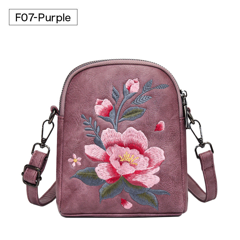 レトロフラワー刺繍入りレザーポーチ スマホショルダー 斜めがけ ミニバッグ レディース 蓮 睡蓮