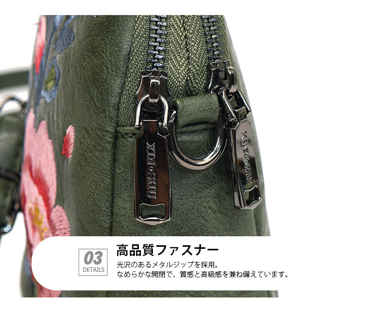 レトロフラワー刺繍入りレザーポーチ スマホショルダー 斜めがけ ミニバッグ レディース 蓮 睡蓮