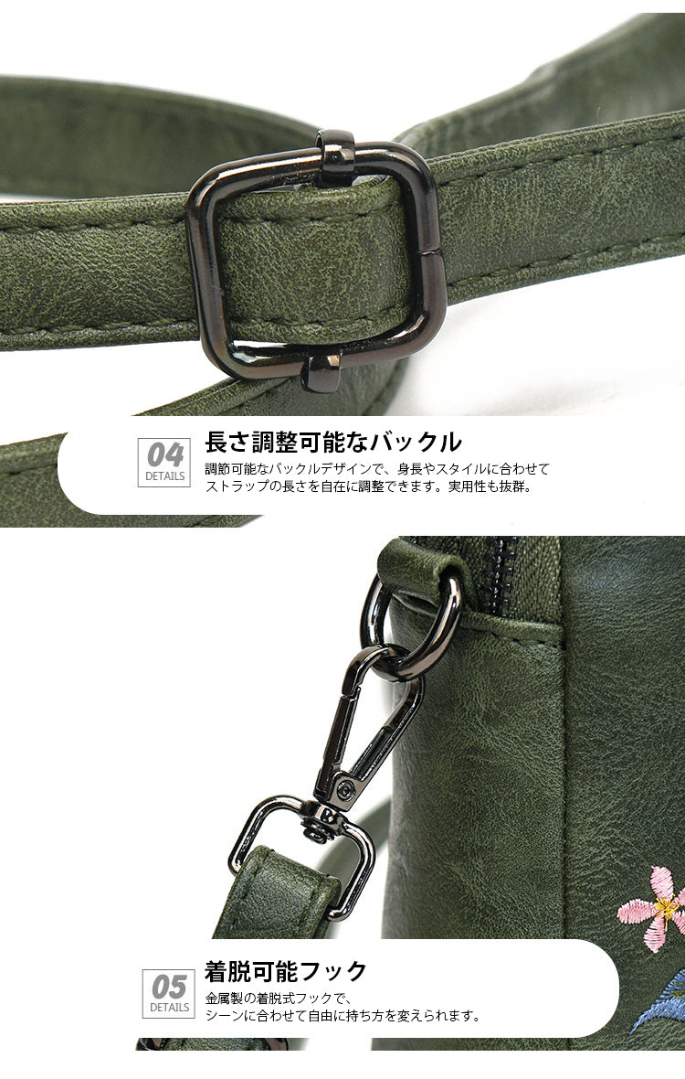 レトロフラワー刺繍入りレザーポーチ スマホショルダー 斜めがけ ミニバッグ レディース 蓮 睡蓮