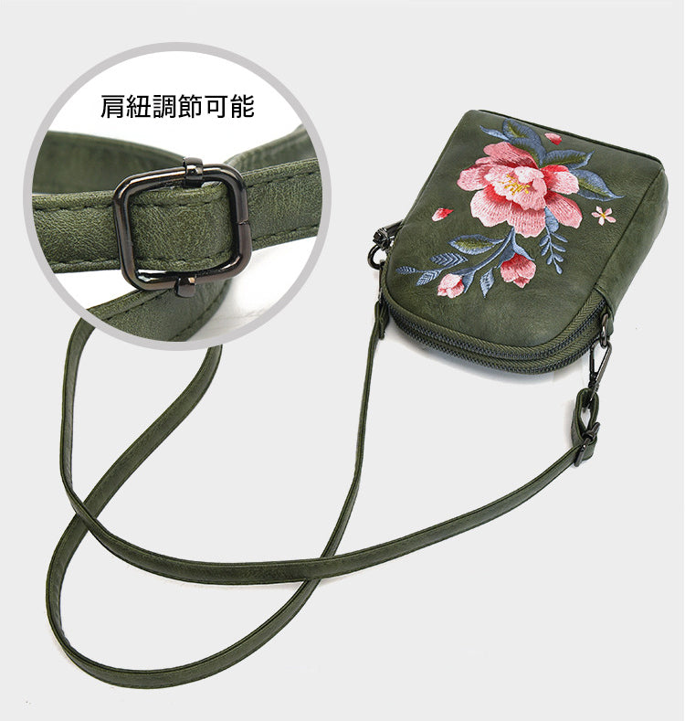 レトロフラワー刺繍入りレザーポーチ スマホショルダー 斜めがけ ミニバッグ レディース 蓮 睡蓮
