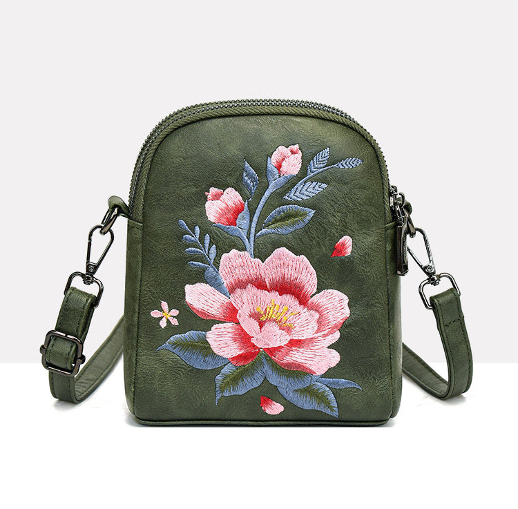 レトロフラワー刺繍入りレザーポーチ スマホショルダー 斜めがけ ミニバッグ レディース 蓮 睡蓮