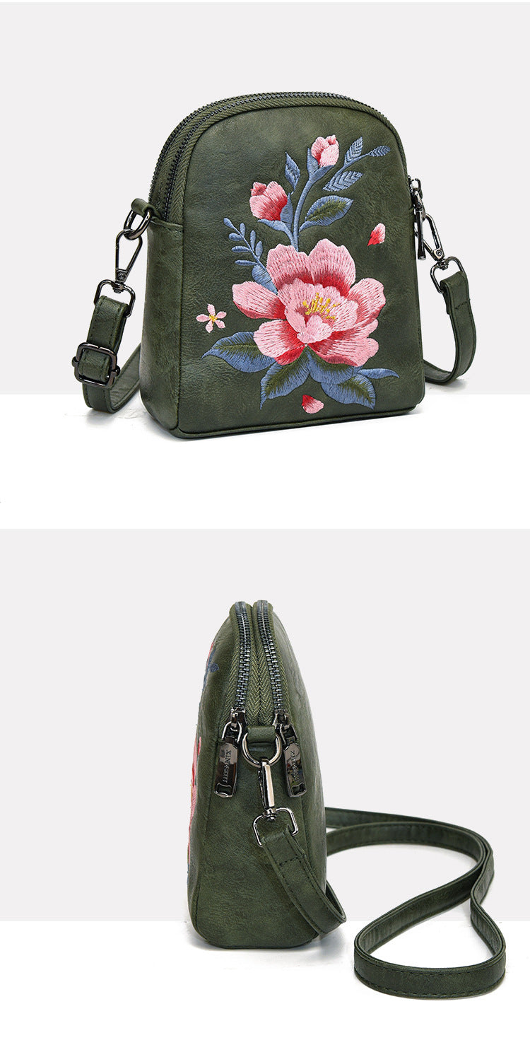 レトロフラワー刺繍入りレザーポーチ スマホショルダー 斜めがけ ミニバッグ レディース 蓮 睡蓮