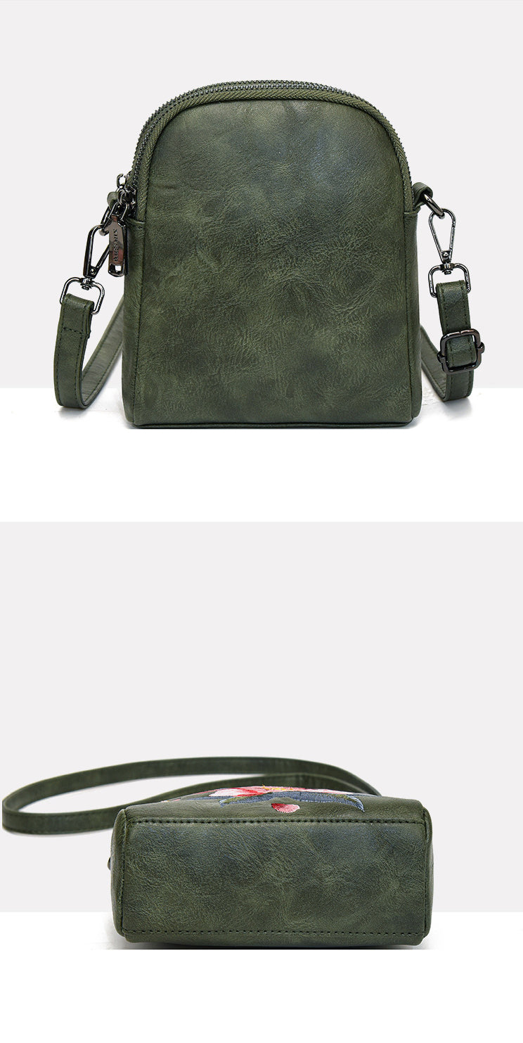 レトロフラワー刺繍入りレザーポーチ スマホショルダー 斜めがけ ミニバッグ レディース 蓮 睡蓮