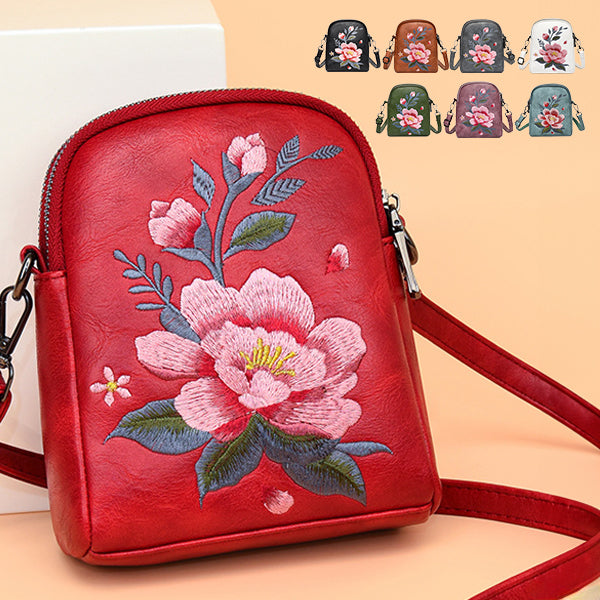 レトロフラワー刺繍入りレザーポーチ スマホショルダー 斜めがけ ミニバッグ レディース 蓮 睡蓮