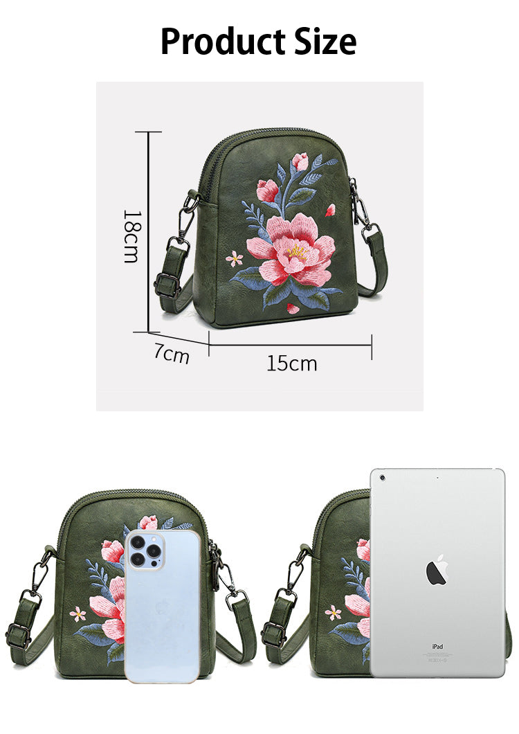 レトロフラワー刺繍入りレザーポーチ スマホショルダー 斜めがけ ミニバッグ レディース 蓮 睡蓮