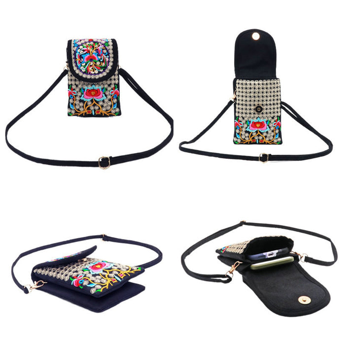 エスニック刺繍スマホポシェット ミニショルダー 民族調 花柄 ポーチ レディース 斜めがけバッグ