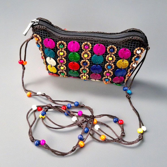 ビーズ編みモザイクバッグ ココナッツシェル カラフル 民族風 斜めがけ ミニショルダー 夏バッグ ハンドメイド
