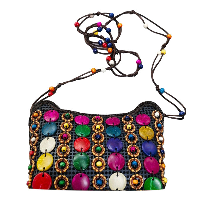 ビーズ編みモザイクバッグ ココナッツシェル カラフル 民族風 斜めがけ ミニショルダー 夏バッグ ハンドメイド