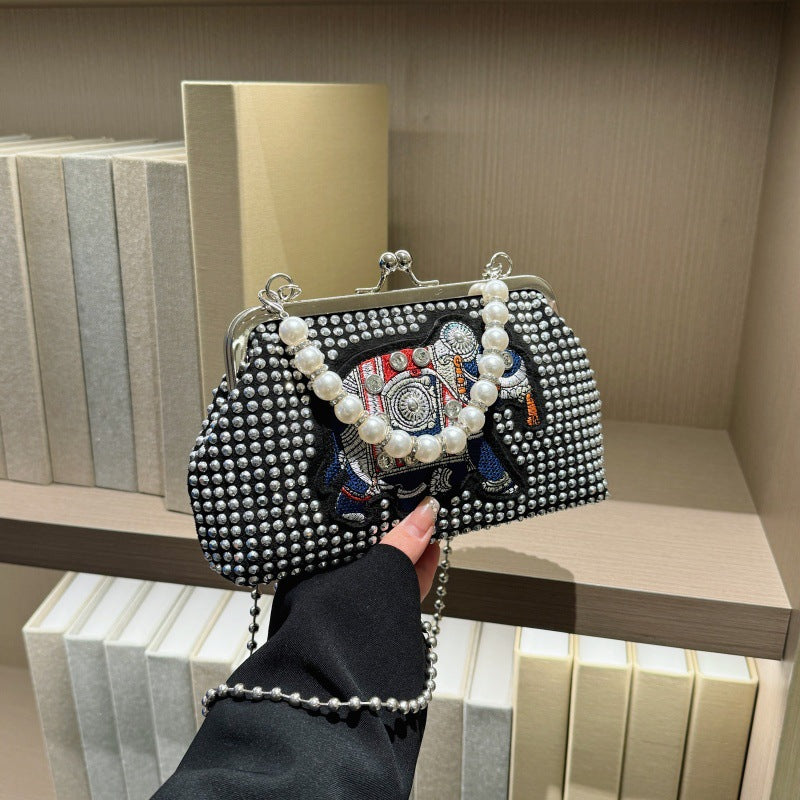 パール×スタッズクラッチバッグ がま口 チェーン付き 3WAY ミニショルダー パーティー 韓国風 レディース