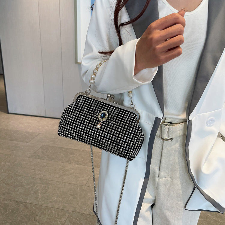 パール×スタッズクラッチバッグ がま口 チェーン付き 3WAY ミニショルダー パーティー 韓国風 レディース