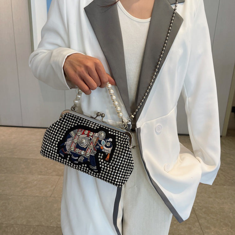 パール×スタッズクラッチバッグ がま口 チェーン付き 3WAY ミニショルダー パーティー 韓国風 レディース