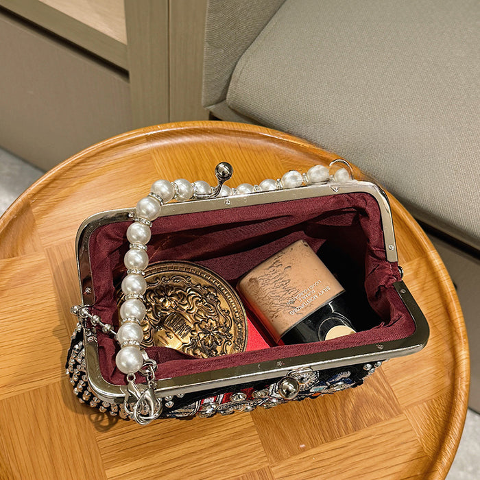 パール×スタッズクラッチバッグ がま口 チェーン付き 3WAY ミニショルダー パーティー 韓国風 レディース