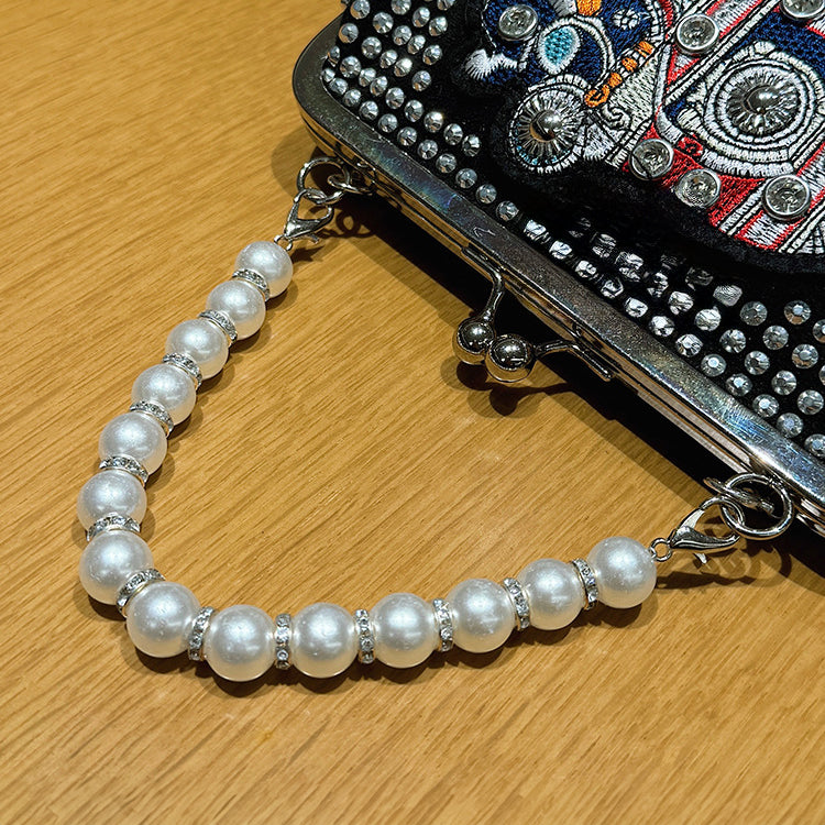 パール×スタッズクラッチバッグ がま口 チェーン付き 3WAY ミニショルダー パーティー 韓国風 レディース