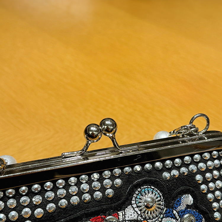 パール×スタッズクラッチバッグ がま口 チェーン付き 3WAY ミニショルダー パーティー 韓国風 レディース