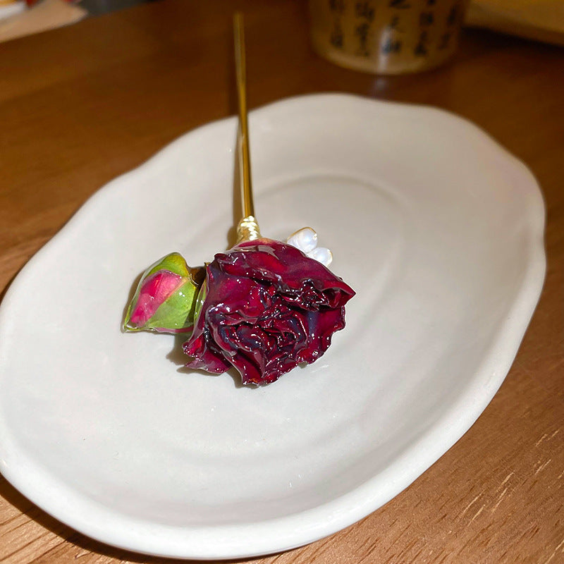 バラの一輪かんざし ヘアアクセサリー まとめ髪 和装 洋装 パール 花飾り レディース 赤 推しカラー