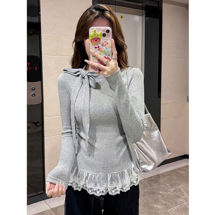 ネックリボン＆レースフリル リブトップス