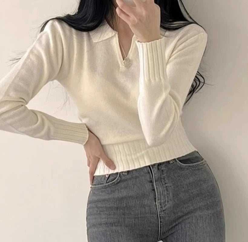 ラペル襟長袖ニットトップス