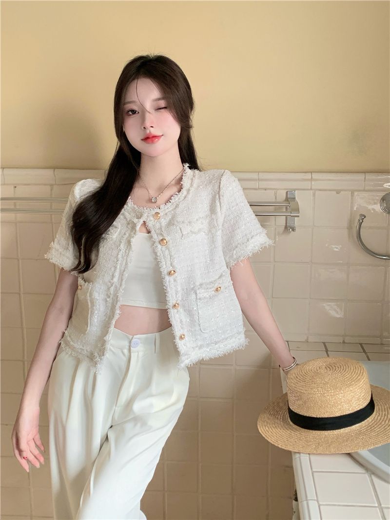 【ノーカラーサマーツイードジャケット】華やか半袖ツイード風ジャケット