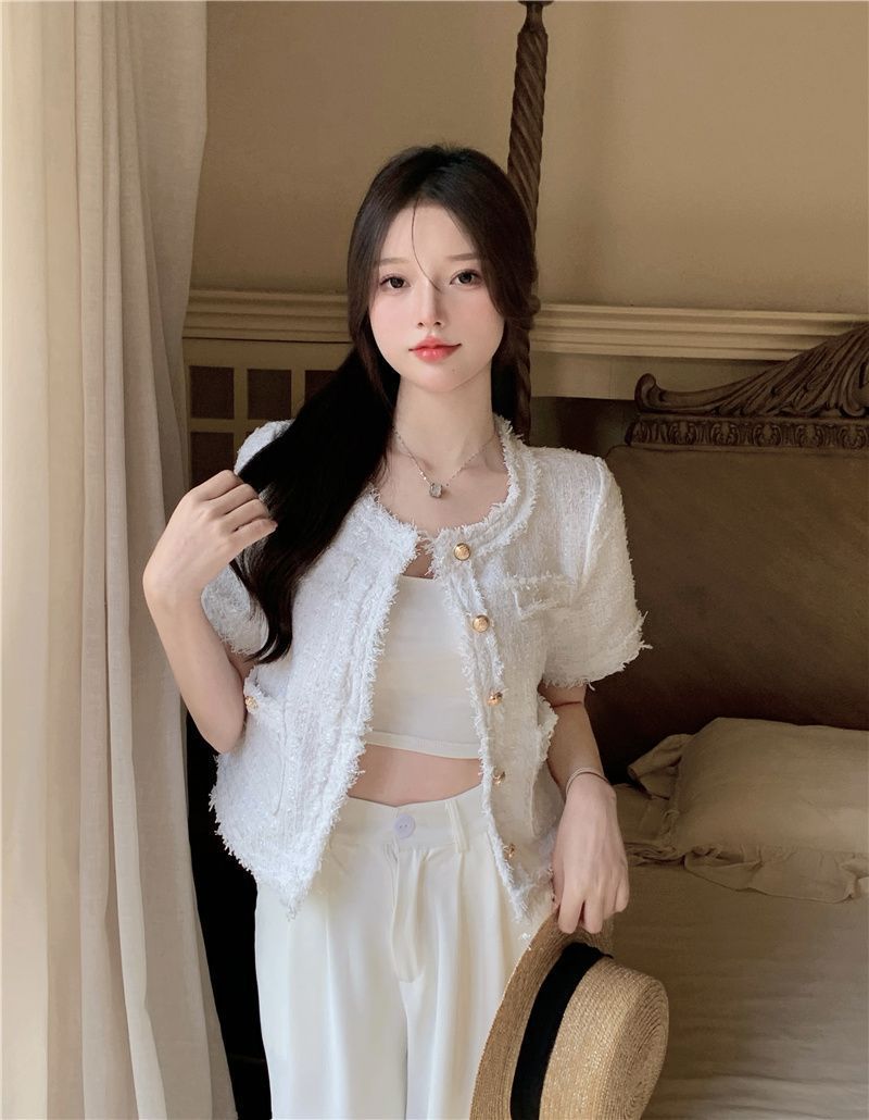 【ノーカラーサマーツイードジャケット】華やか半袖ツイード風ジャケット