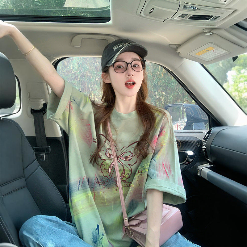 【骨格ナチュラルおすすめ】ミドル丈 リボンプリントTシャツ
