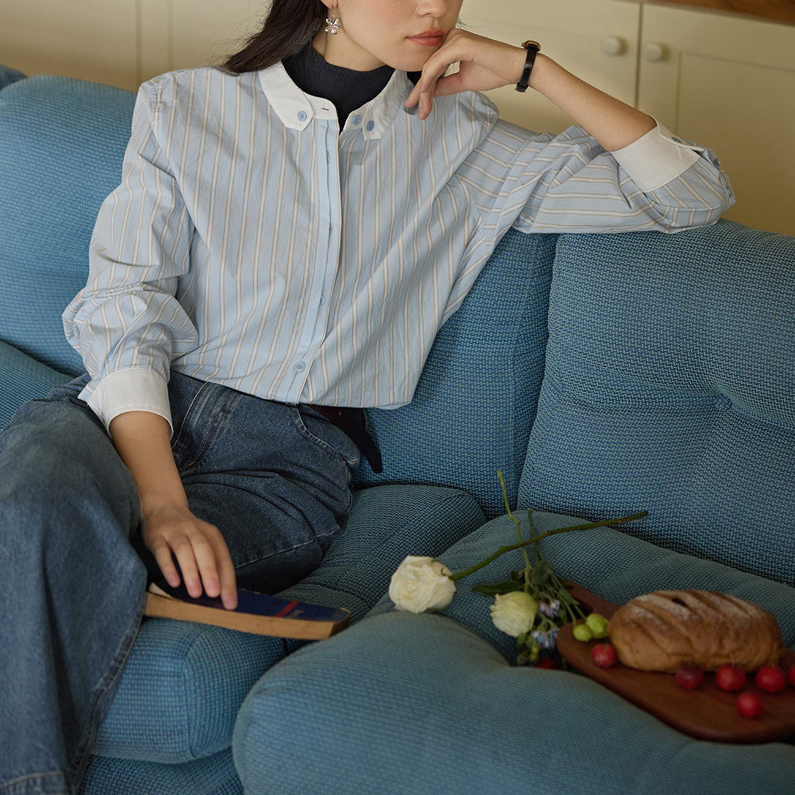 スタンドカラーストライプシャツ