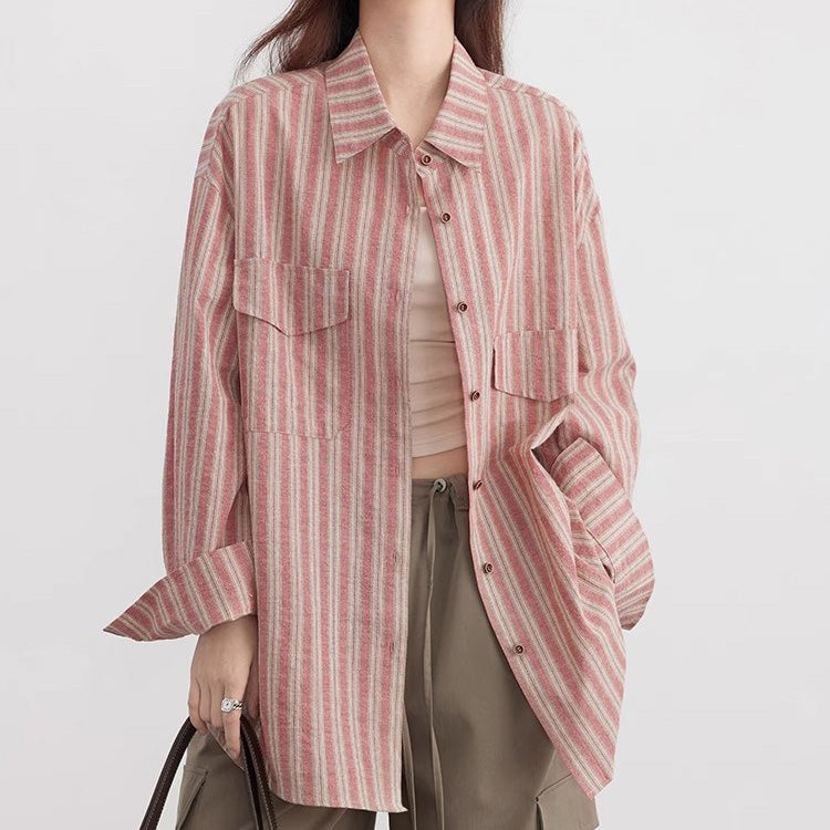 ダスティピンクストライプオーバーシャツ