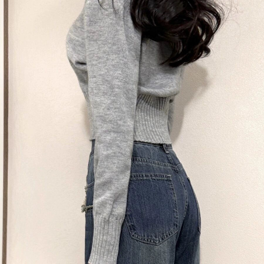 ラペル襟長袖ニットトップス