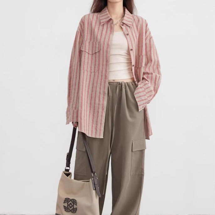 ダスティピンクストライプオーバーシャツ