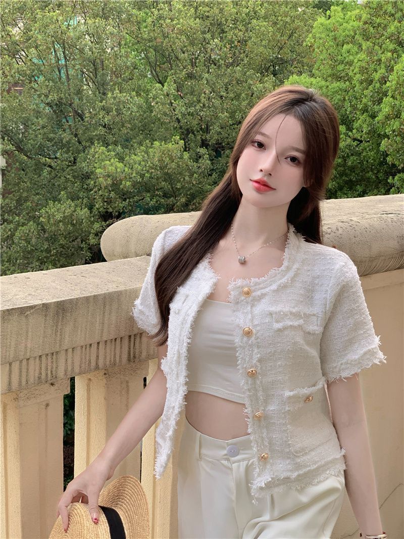 【ノーカラーサマーツイードジャケット】華やか半袖ツイード風ジャケット