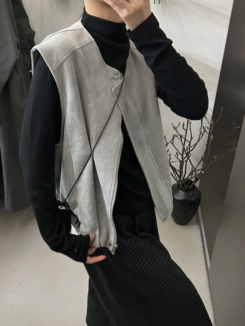 スエード調 ジップアップ ベスト×トップス　セットアップ