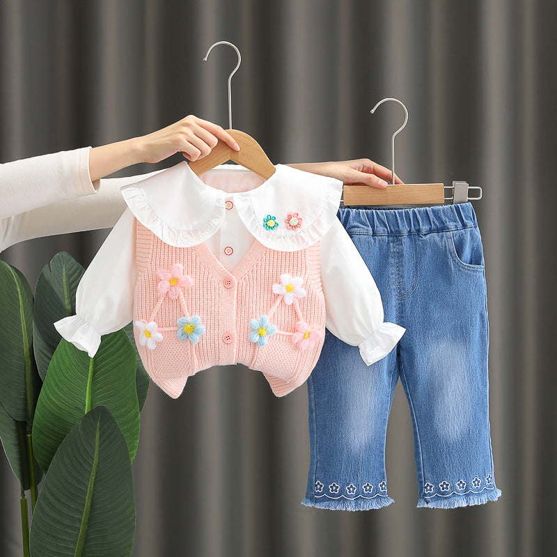 お花モチーフベスト付き キッズ3点セット