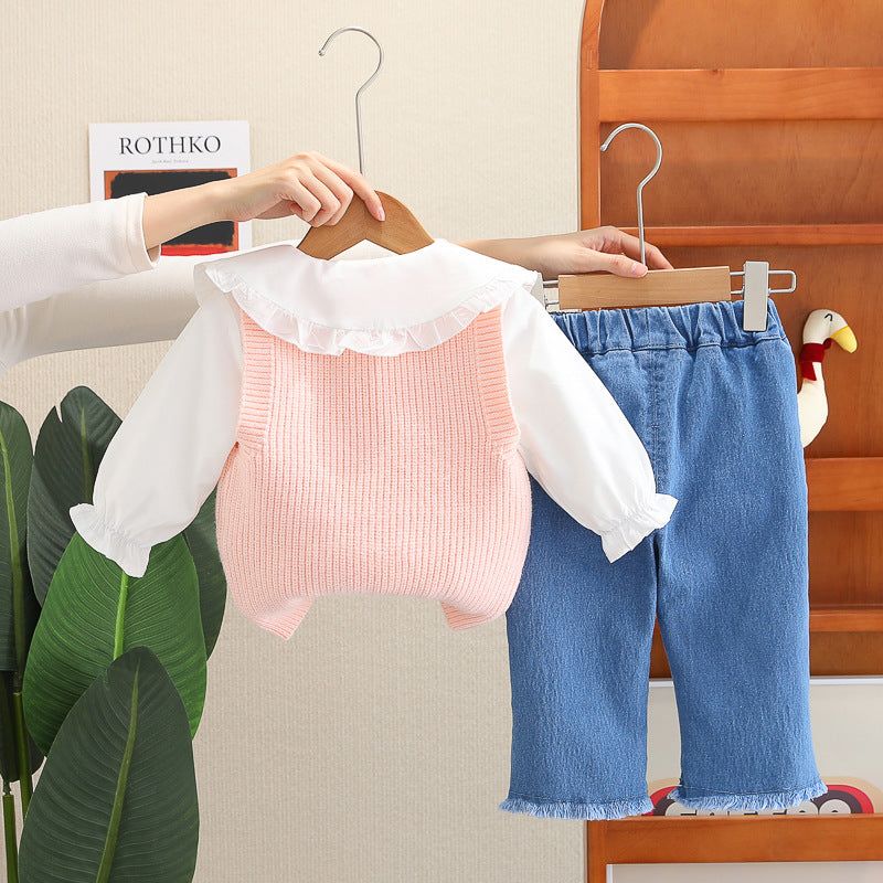 お花モチーフベスト付き キッズ3点セット