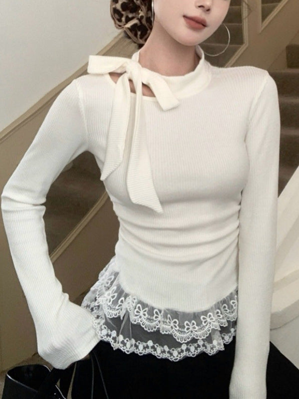 ネックリボン＆レースフリル リブトップス