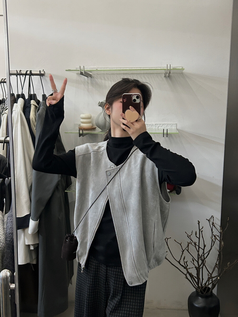 スエード調 ジップアップ ベスト×トップス　セットアップ