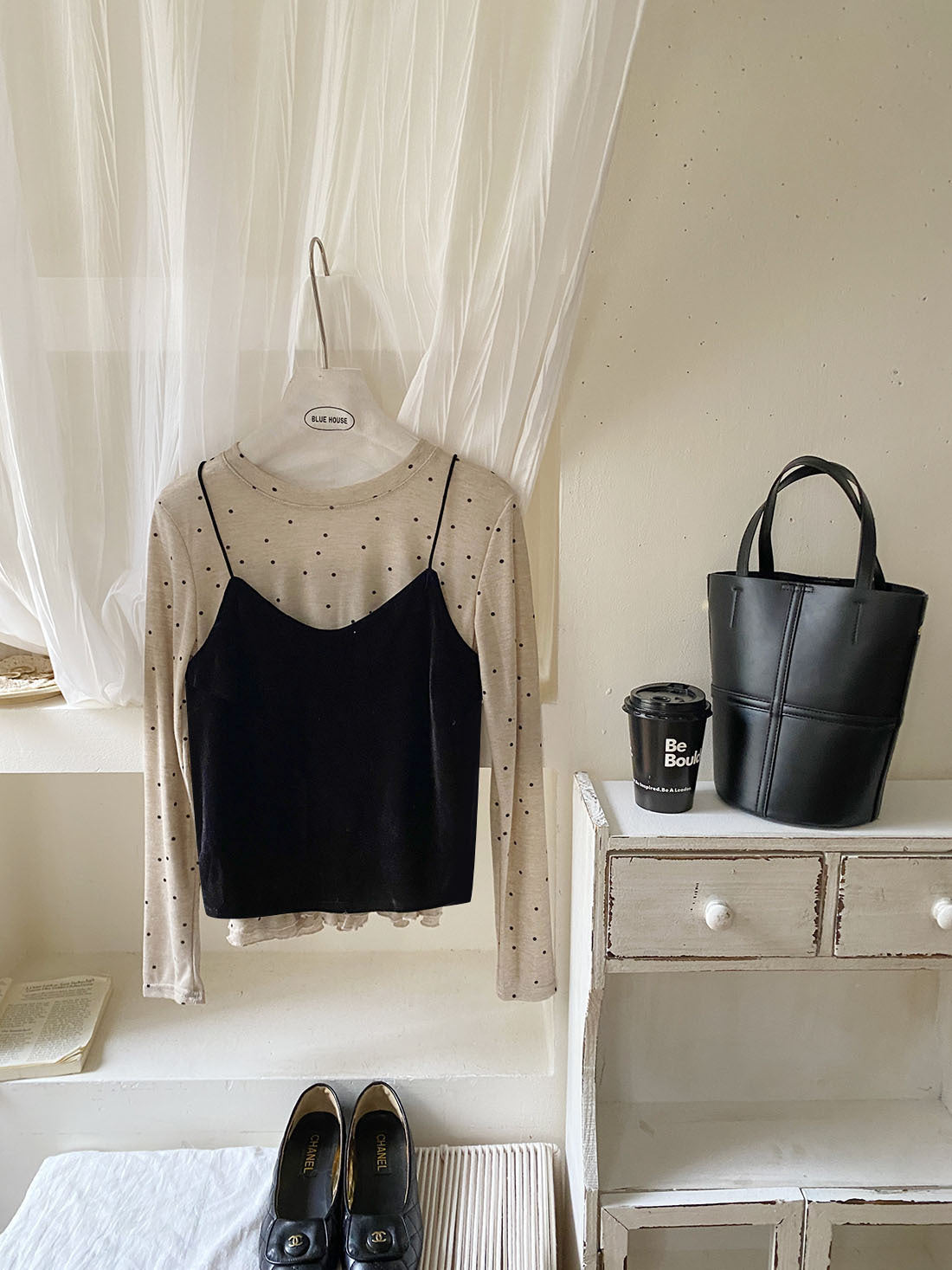 ドット柄トップス＆ベロアキャミソールセット