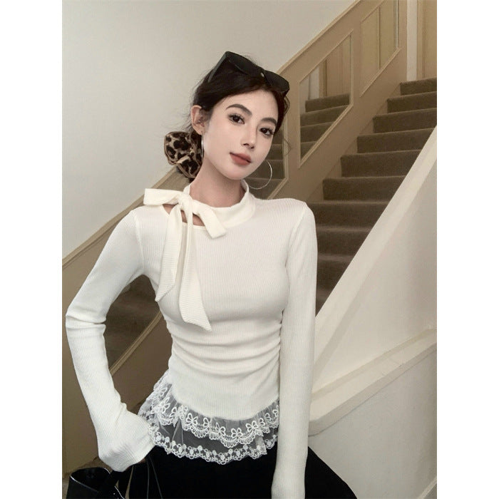 ネックリボン＆レースフリル リブトップス