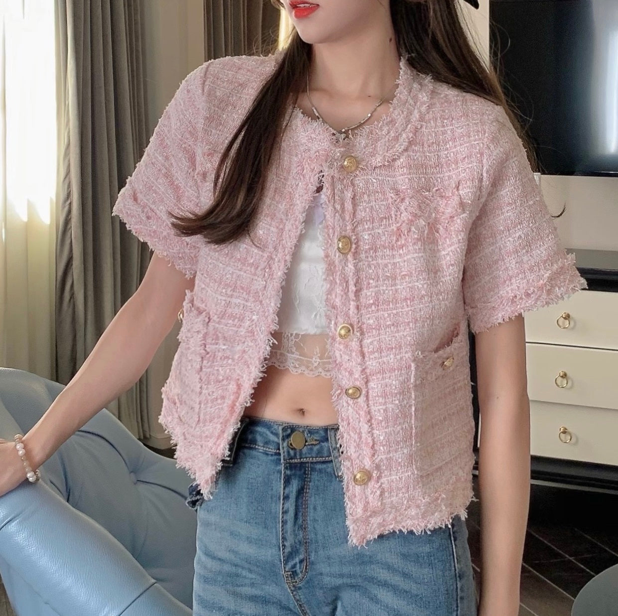 【ノーカラーサマーツイードジャケット】華やか半袖ツイード風ジャケット