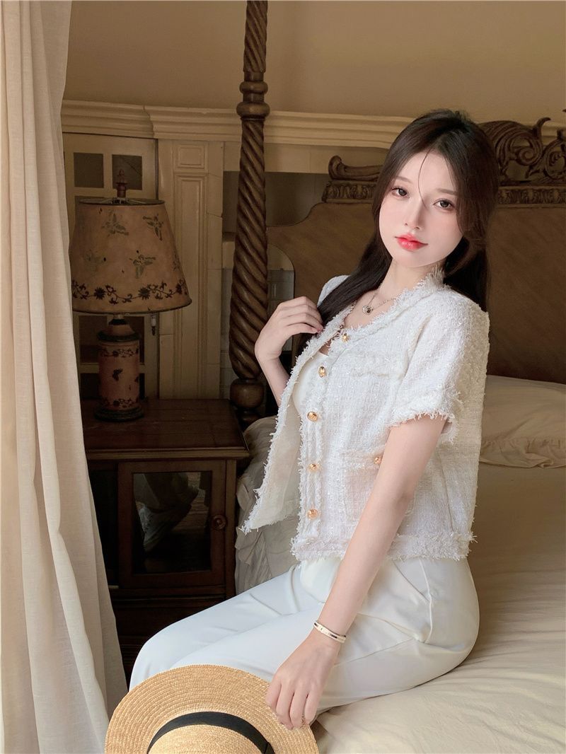 【ノーカラーサマーツイードジャケット】華やか半袖ツイード風ジャケット