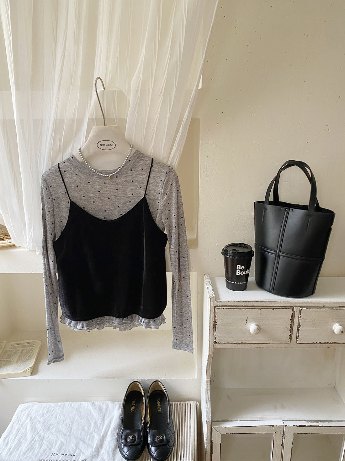 ドット柄トップス＆ベロアキャミソールセット