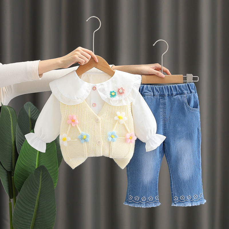 お花モチーフベスト付き キッズ3点セット