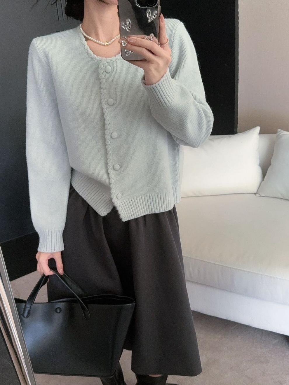 韓国風 クロップド丈 スカラップカーディガン