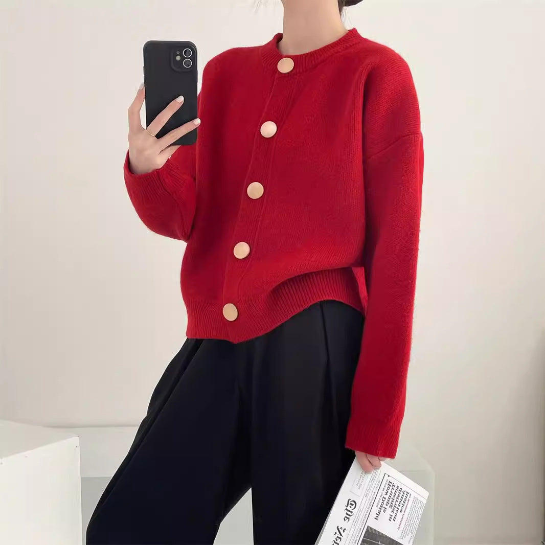 韓国風シングルブレストニットカーディガン