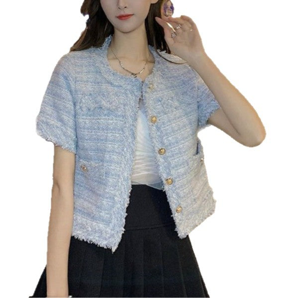 【ノーカラーサマーツイードジャケット】華やか半袖ツイード風ジャケット