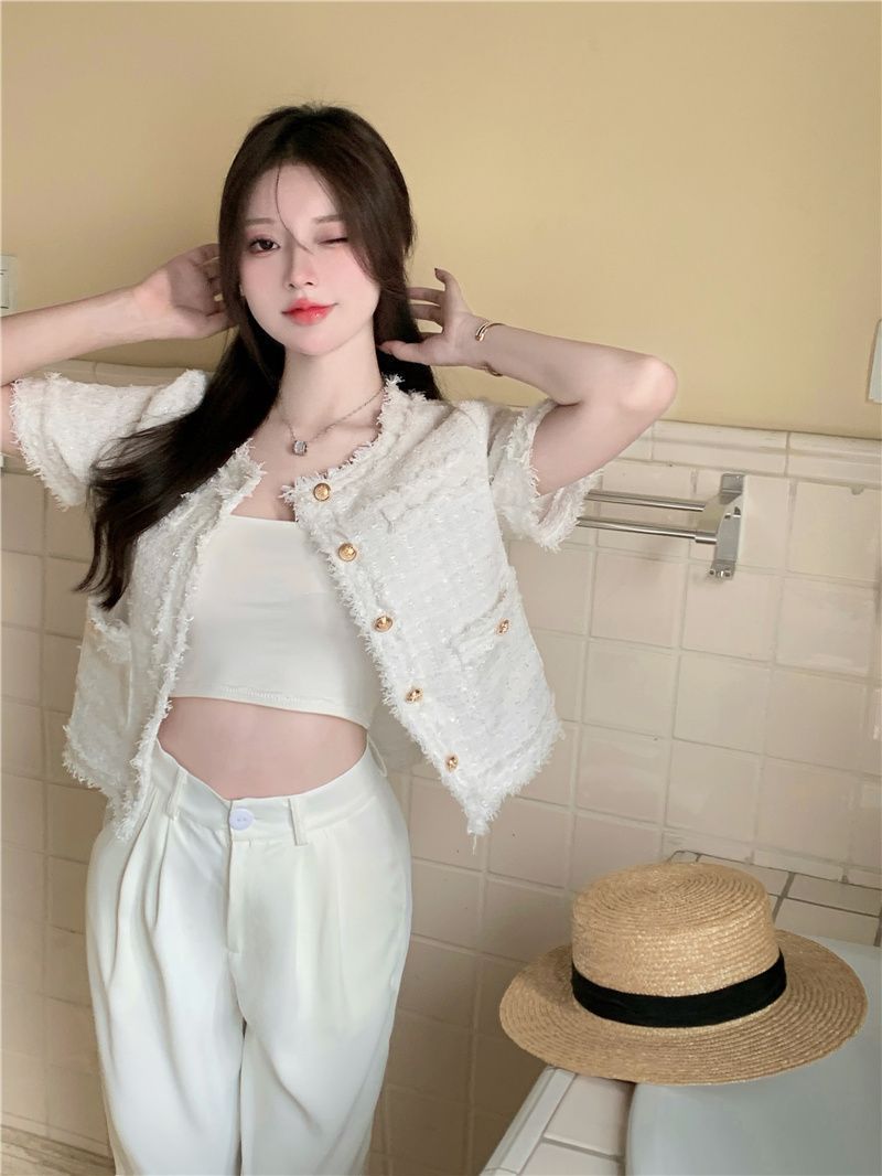 【ノーカラーサマーツイードジャケット】華やか半袖ツイード風ジャケット